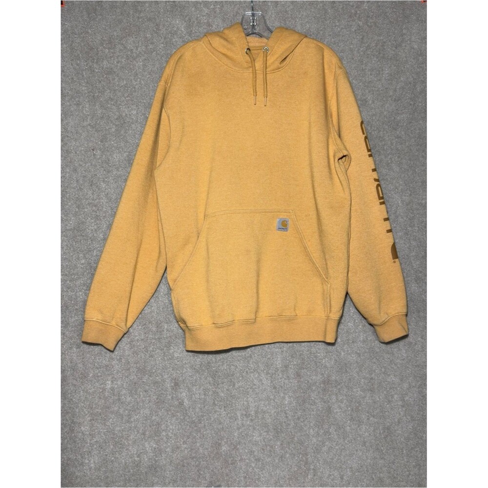 Carhartt hoodie Mens M Yellow Spell Out Pullover Kangaroo Pockets Workwear
